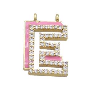 Copper Pendant Pave Zircon Pink Enamel Letter-E 2loops Gold Plated, approx 15-16mm [FN36385]