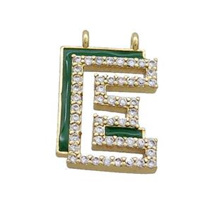 Copper Pendant Pave Zircon Green Enamel Letter-E 2loops Gold Plated, approx 15-16mm [FN36386]