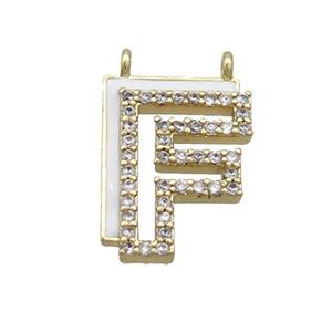Copper Pendant Pave Zircon White Enamel Letter-F 2loops Gold Plated, approx 15-16mm [FN36387]