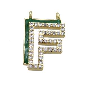 Copper Pendant Pave Zircon Green Enamel Letter-F 2loops Gold Plated, approx 15-16mm [FN36389]