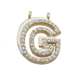 Copper Pendant Pave Zircon White Enamel Letter-G 2loops Gold Plated, approx 15-16mm [FN36390]