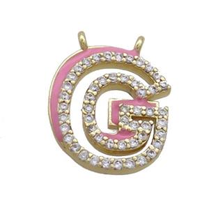 Copper Pendant Pave Zircon Pink Enamel Letter-G 2loops Gold Plated, approx 15-16mm [FN36391]