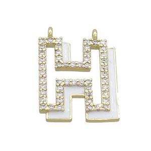 Copper Pendant Pave Zircon White Enamel Letter-H 2loops Gold Plated, approx 15-16mm [FN36393]