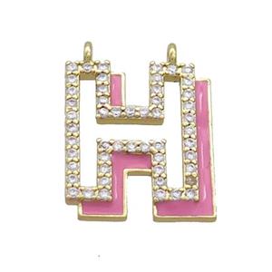 Copper Pendant Pave Zircon Pink Enamel Letter-H 2loops Gold Plated, approx 15-16mm [FN36394]