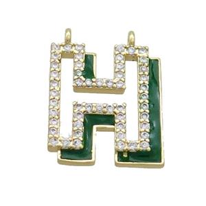 Copper Pendant Pave Zircon Green Enamel Letter-H 2loops Gold Plated, approx 15-16mm [FN36395]
