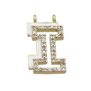 Copper Pendant Pave Zircon White Enamel Letter-I 2loops Gold Plated, approx 15-16mm [FN36396]