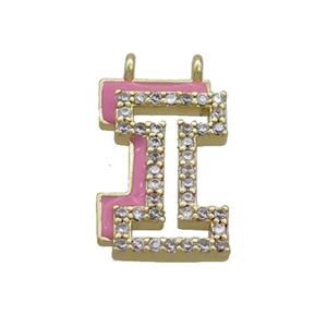 Copper Pendant Pave Zircon Pink Enamel Letter-I 2loops Gold Plated, approx 15-16mm [FN36397]