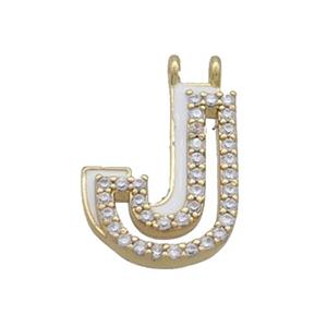 Copper Pendant Pave Zircon White Enamel Letter-J 2loops Gold Plated, approx 15-16mm [FN36399]