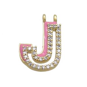 Copper Pendant Pave Zircon Pink Enamel Letter-J 2loops Gold Plated, approx 15-16mm [FN36400]