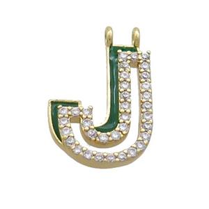 Copper Pendant Pave Zircon Green Enamel Letter-J 2loops Gold Plated, approx 15-16mm [FN36401]