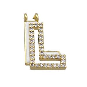 Copper Pendant Pave Zircon White Enamel Letter-L 2loops Gold Plated, approx 15-16mm [FN36405]