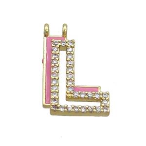 Copper Pendant Pave Zircon Pink Enamel Letter-L 2loops Gold Plated, approx 15-16mm [FN36406]