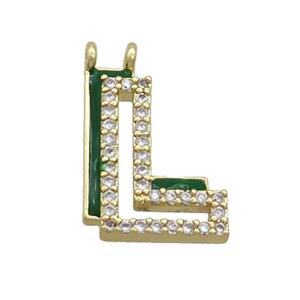 Copper Pendant Pave Zircon Green Enamel Letter-L 2loops Gold Plated, approx 15-16mm [FN36407]