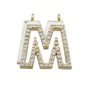 Copper Pendant Pave Zircon White Enamel Letter-M 2loops Gold Plated, approx 15-16mm [FN36408]