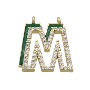 Copper Pendant Pave Zircon Green Enamel Letter-M 2loops Gold Plated, approx 15-16mm [FN36410]
