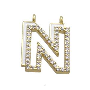 Copper Pendant Pave Zircon White Enamel Letter-N 2loops Gold Plated, approx 15-16mm [FN36411]