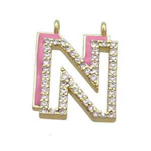 Copper Pendant Pave Zircon Pink Enamel Letter-N 2loops Gold Plated, approx 15-16mm [FN36412]