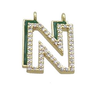 Copper Pendant Pave Zircon Green Enamel Letter-N 2loops Gold Plated, approx 15-16mm [FN36413]