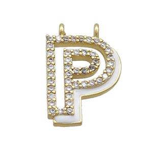 Copper Pendant Pave Zircon White Enamel Letter-P 2loops Gold Plated, approx 15-16mm [FN36417]