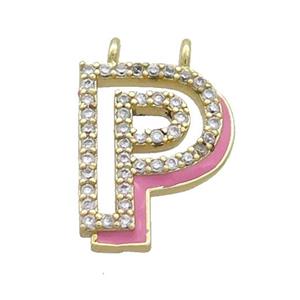 Copper Pendant Pave Zircon Pink Enamel Letter-P 2loops Gold Plated, approx 15-16mm [FN36418]