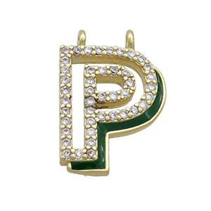 Copper Pendant Pave Zircon Green Enamel Letter-P 2loops Gold Plated, approx 15-16mm [FN36419]