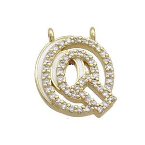 Copper Pendant Pave Zircon White Enamel Letter-Q 2loops Gold Plated, approx 15-16mm [FN36420]
