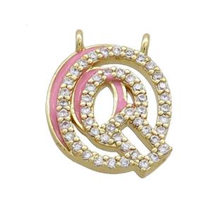 Copper Pendant Pave Zircon Pink Enamel Letter-Q 2loops Gold Plated, approx 15-16mm [FN36421]