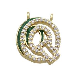 Copper Pendant Pave Zircon Green Enamel Letter-Q 2loops Gold Plated, approx 15-16mm [FN36422]