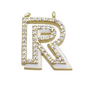 Copper Pendant Pave Zircon White Enamel Letter-R 2loops Gold Plated, approx 15-16mm [FN36423]