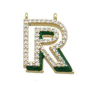 Copper Pendant Pave Zircon Green Enamel Letter-R 2loops Gold Plated, approx 15-16mm [FN36424]