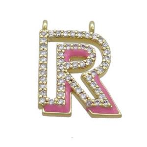 Copper Pendant Pave Zircon Pink Enamel Letter-R 2loops Gold Plated, approx 15-16mm [FN36425]