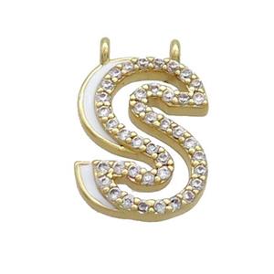 Copper Pendant Pave Zircon White Enamel Letter-S 2loops Gold Plated, approx 15-16mm [FN36426]