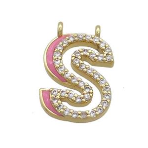Copper Pendant Pave Zircon Pink Enamel Letter-S 2loops Gold Plated, approx 15-16mm [FN36427]