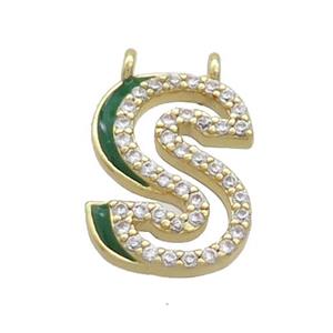 Copper Pendant Pave Zircon Green Enamel Letter-S 2loops Gold Plated, approx 15-16mm [FN36428]