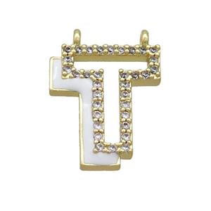 Copper Pendant Pave Zircon White Enamel Letter-T 2loops Gold Plated, approx 15-16mm [FN36429]