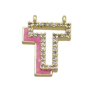 Copper Pendant Pave Zircon Pink Enamel Letter-T 2loops Gold Plated, approx 15-16mm [FN36430]