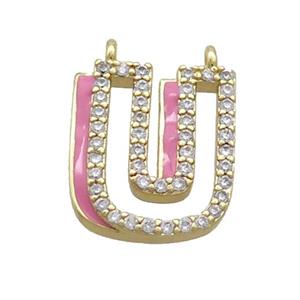 Copper Pendant Pave Zircon Pink Enamel Letter-U 2loops Gold Plated, approx 15-16mm [FN36433]