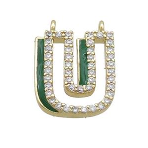 Copper Pendant Pave Zircon Green Enamel Letter-U 2loops Gold Plated, approx 15-16mm [FN36434]