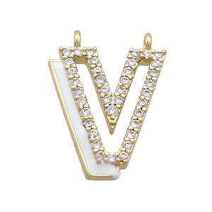 Copper Pendant Pave Zircon White Enamel Letter-V 2loops Gold Plated, approx 15-16mm [FN36435]