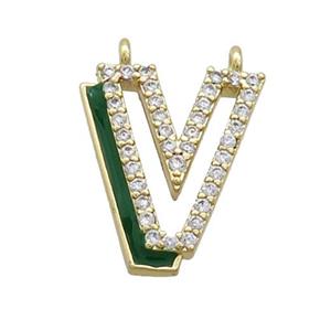 Copper Pendant Pave Zircon Green Enamel Letter-V 2loops Gold Plated, approx 15-16mm [FN36437]