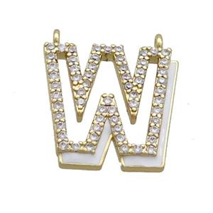 Copper Pendant Pave Zircon White Enamel Letter-W 2loops Gold Plated, approx 15-16mm [FN36438]