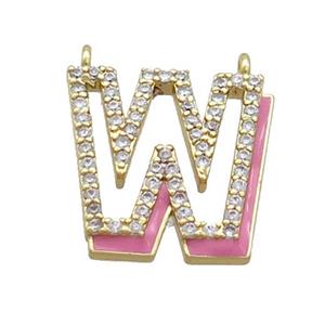 Copper Pendant Pave Zircon Pink Enamel Letter-W 2loops Gold Plated, approx 15-16mm [FN36439]