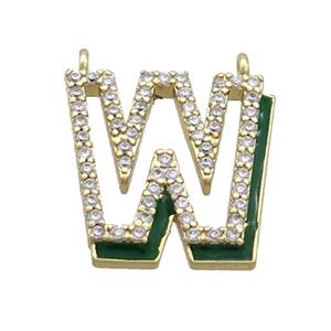 Copper Pendant Pave Zircon Green Enamel Letter-W 2loops Gold Plated, approx 15-16mm [FN36440]