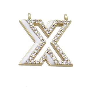 Copper Pendant Pave Zircon White Enamel Letter-X 2loops Gold Plated, approx 15-16mm [FN36441]