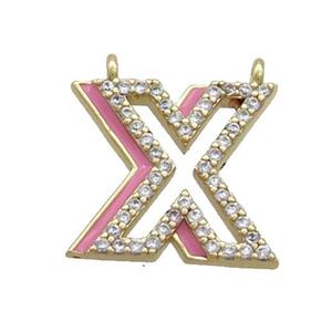Copper Pendant Pave Zircon Pink Enamel Letter-X 2loops Gold Plated, approx 15-16mm [FN36442]