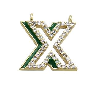Copper Pendant Pave Zircon Green Enamel Letter-X 2loops Gold Plated, approx 15-16mm [FN36443]