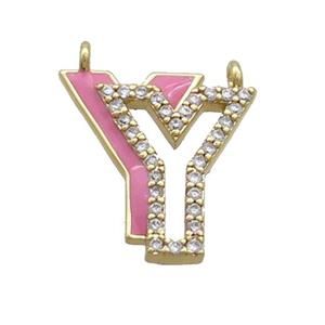 Copper Pendant Pave Zircon Pink Enamel Letter-Y 2loops Gold Plated, approx 15-16mm [FN36445]