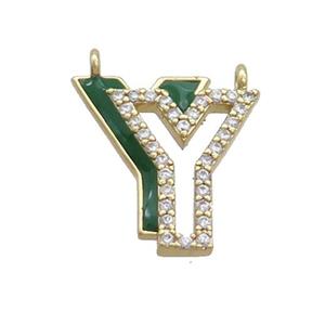 Copper Pendant Pave Zircon Green Enamel Letter-Y 2loops Gold Plated, approx 15-16mm [FN36446]
