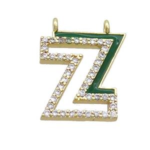 Copper Pendant Pave Zircon Green Enamel Letter-Z 2loops Gold Plated, approx 15-16mm [FN36449]