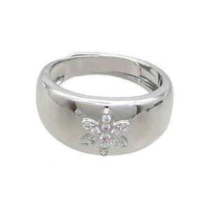 Copper Ring Pave Zircon Flower Adjustable Platinum Plated, approx 9mm, 18mm dia [FN36454]